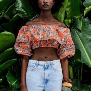 Zara | Poplin Floral Puff Sleeve Cropped Blouse